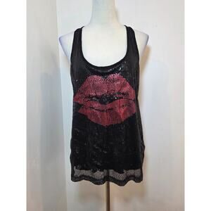Vintage Y2K Forever 21 Sequin Lips Tank Size M Sheer Bling Made USA